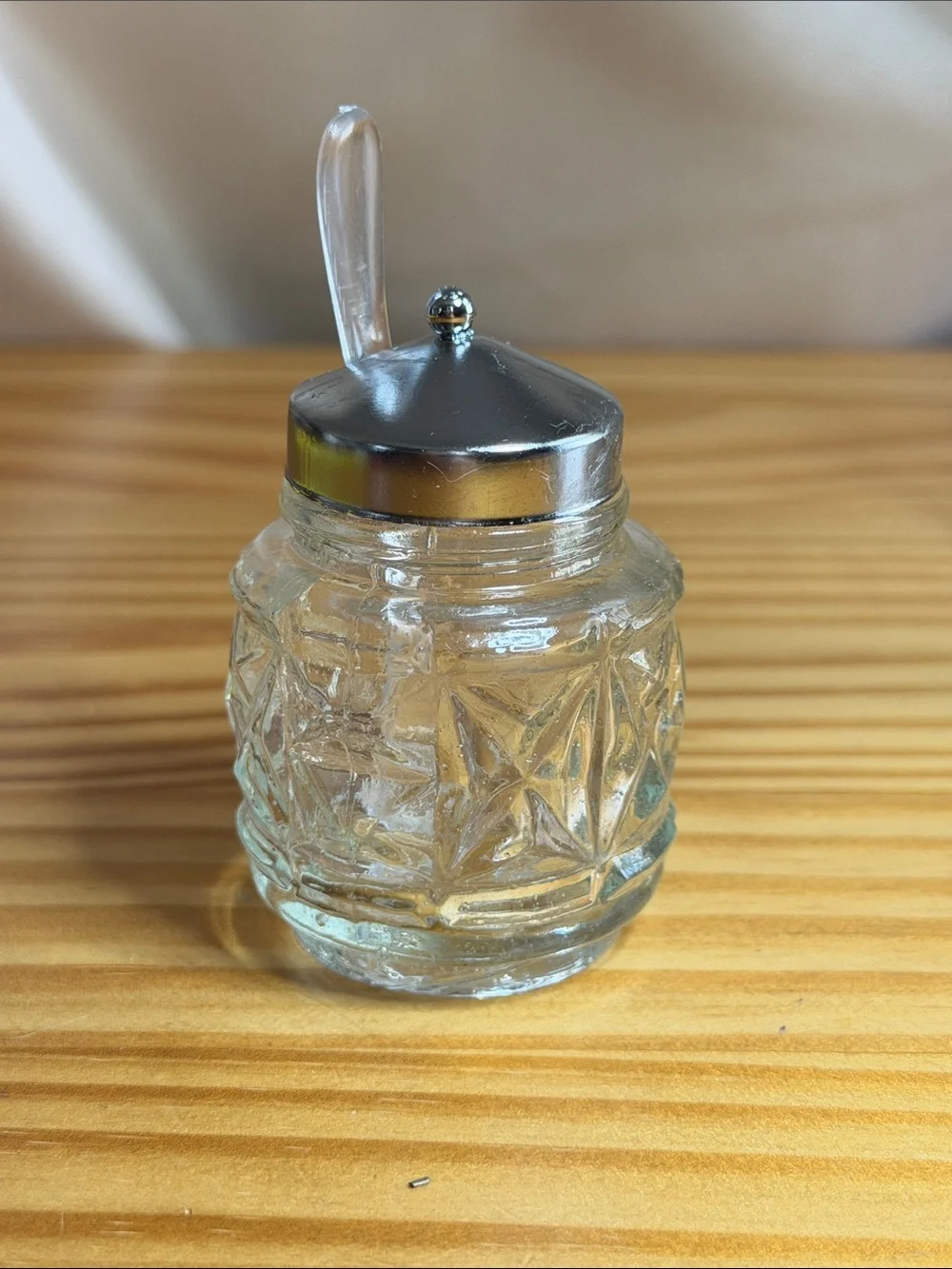 Vintage 4-Piece Cut Glass Condiment Set with Silver Tone Caddy Chrome Basket